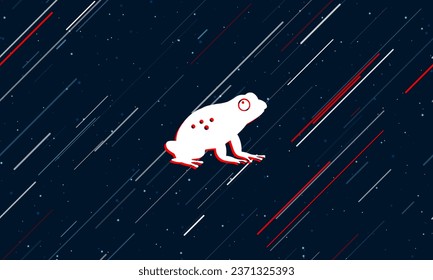 Large white frog symbol framed in red in the center. The effect of flying through the stars. Vector illustration on a dark blue background with stars and slanted lines