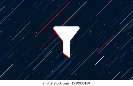 Large white funnel symbol framed in red in the center. The effect of flying through the stars. Seamless vector illustration on a dark blue background with stars and slanted lines