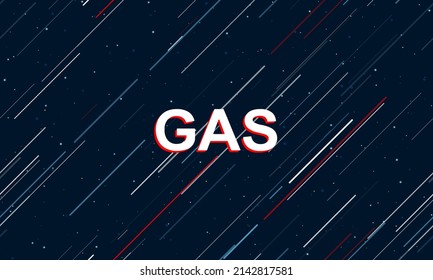 Large white gas text symbol framed in red in the center. The effect of flying through the stars. Vector illustration on a dark blue background with stars and slanted lines