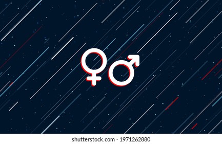 Large white gender symbol framed in red in the center. The effect of flying through the stars. Vector illustration on a dark blue background with stars and slanted lines