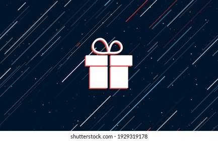 Large white gift symbol framed in red in the center. The effect of flying through the stars. Seamless vector illustration on a dark blue background with stars and slanted lines