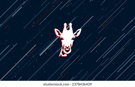 Large white giraffe head symbol framed in red in the center. The effect of flying through the stars. Vector illustration on a dark blue background with stars and slanted lines