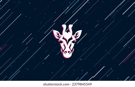 Large white giraffe head symbol framed in red in the center. The effect of flying through the stars. Vector illustration on a dark blue background with stars and slanted lines