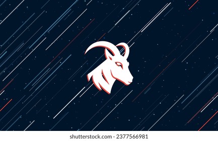 Large white goat's head symbol framed in red in the center. The effect of flying through the stars. Vector illustration on a dark blue background with stars and slanted lines