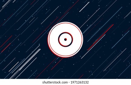 Large white gramophone record symbol framed in red in the center. The effect of flying through the stars. Vector illustration on a dark blue background with stars and slanted lines