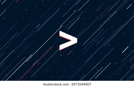 Large white greater symbol framed in red in the center. The effect of flying through the stars. Vector illustration on a dark blue background with stars and slanted lines