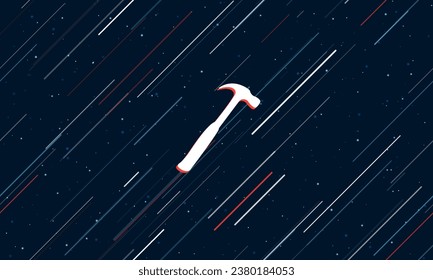 Large white hammer symbol framed in red in the center. The effect of flying through the stars. Vector illustration on a dark blue background with stars and slanted lines