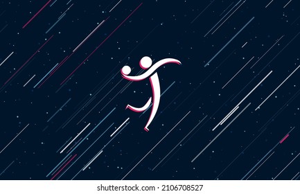 Large white handball symbol framed in red in the center. The effect of flying through the stars. Vector illustration on a dark blue background with stars and slanted lines