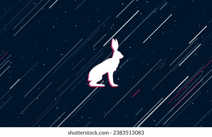Large white hare symbol framed in red in the center. The effect of flying through the stars. Vector illustration on a dark blue background with stars and slanted lines