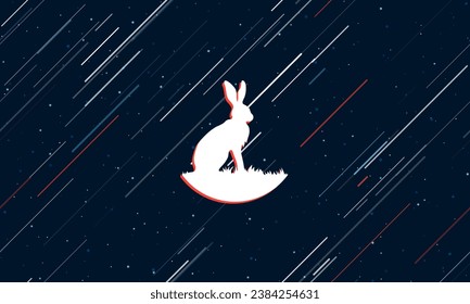Large white hare symbol framed in red in the center. The effect of flying through the stars. Vector illustration on a dark blue background with stars and slanted lines