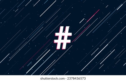 Large white hash symbol framed in red in the center. The effect of flying through the stars. Vector illustration on a dark blue background with stars and slanted lines
