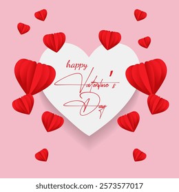 A large white heart with Happy Valentine's Day in festive font at the center Scattered red hearts with a folded paper texture symbolize love and affection Valentines Day Love