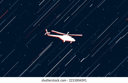 Gran símbolo blanco de helicóptero enmarcado en rojo en el centro. El efecto de volar a través de las estrellas. Ilustración vectorial en un fondo azul oscuro con estrellas y líneas inclinadas