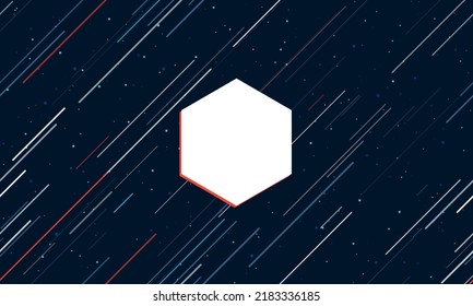 Gran símbolo hexágono blanco enmarcado en rojo en el centro. El efecto de volar a través de las estrellas. Ilustración vectorial en un fondo azul oscuro con estrellas y líneas inclinadas