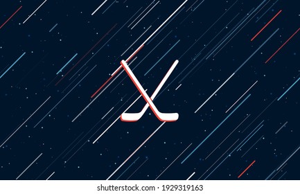 Large white hockey symbol framed in red in the center. The effect of flying through the stars. Seamless vector illustration on a dark blue background with stars and slanted lines