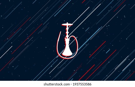 Large white hookah symbol framed in red in the center. The effect of flying through the stars. Vector illustration on a dark blue background with stars and slanted lines