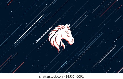 Large white horse's head symbol framed in red in the center. The effect of flying through the stars. Vector illustration on a dark blue background with stars and slanted lines