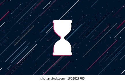 Large white hourglass symbol framed in red in the center. The effect of flying through the stars. Seamless vector illustration on a dark blue background with stars and slanted lines