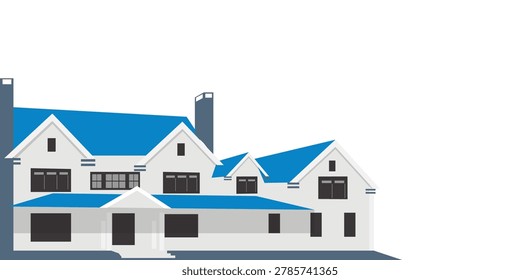A large white house with blue roofs and black windows and doors vector