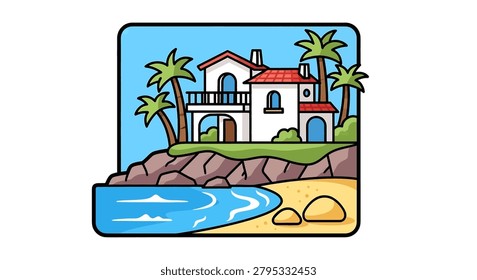 Large white house on rocky beach