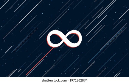 Large white infinity symbol framed in red in the center. The effect of flying through the stars. Vector illustration on a dark blue background with stars and slanted lines