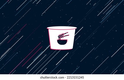Large white instant noodles symbol framed in red in the center. The effect of flying through the stars. Vector illustration on a dark blue background with stars and slanted lines