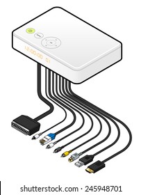 A large white IPTV set top box or integrated receiver decoder with cables and connectors.