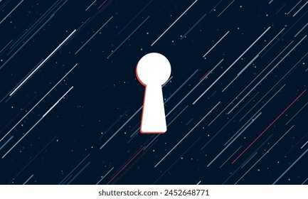 Large white keyhole symbol framed in red in the center. The effect of flying through the stars. Vector illustration on a dark blue background with stars and slanted lines