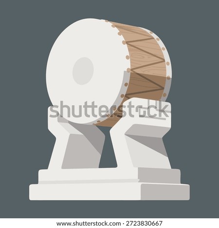 A large, white Korean drum, known as a Janggu, is displayed on a carved stone stand, symbolizing cultural heritage.