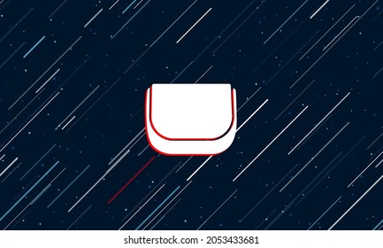 Large white ladies handbag symbol framed in red in the center. The effect of flying through the stars. Vector illustration on a dark blue background with stars and slanted lines