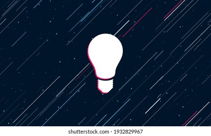 Large white lamp symbol framed in red in the center. The effect of flying through the stars. Seamless vector illustration on a dark blue background with stars and slanted lines