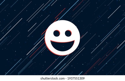 Large white laughter smiley symbol framed in red in the center. The effect of flying through the stars. Seamless vector illustration on a dark blue background with stars and slanted lines