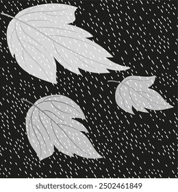 Large white leaves and rain dots on black background. Monochrome plant vector seamless pattern with fall leaves. Leaves flying in the wind. Dark late fall. Cold autumn gloomy night