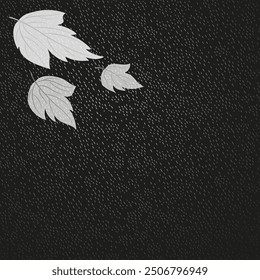 Large white leaves and rain dots on black background. Monochrome plant vector illustration with fall leaves. Last autumn leaves flying in the wind. Dark late fall. Cold autumn gloomy night.