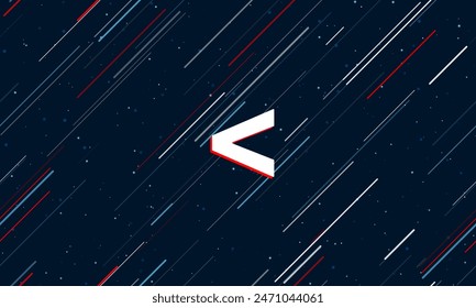 Large white less symbol framed in red in the center. The effect of flying through the stars. Vector illustration on a dark blue background with stars and slanted lines