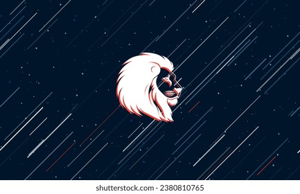 Large white lion head icon framed in red in the center. The effect of flying through the stars. Vector illustration on a dark blue background with stars and slanted lines