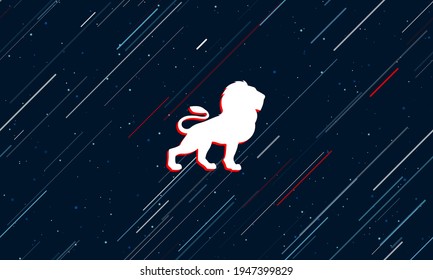 Large white lion symbol framed in red in the center. The effect of flying through the stars. Vector illustration on a dark blue background with stars and slanted lines