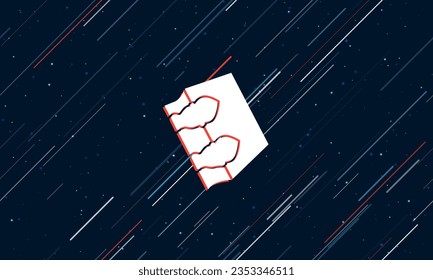 Large white magic book symbol framed in red in the center. The effect of flying through the stars. Vector illustration on a dark blue background with stars and slanted lines