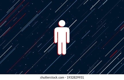Large white man symbol framed in red in the center. The effect of flying through the stars. Seamless vector illustration on a dark blue background with stars and slanted lines