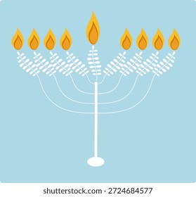 Large white menorah with orange flames centered on a soft blue background for holiday Simple and clean Hanukkah greeting card design featuring traditional religious candle holder
