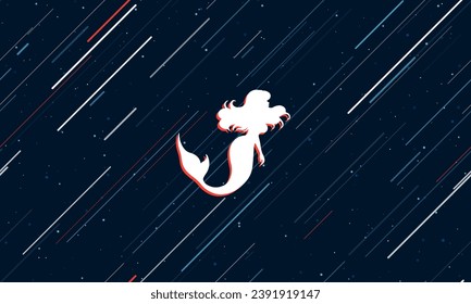 Large white mermaid symbol framed in red in the center. The effect of flying through the stars. Vector illustration on a dark blue background with stars and slanted lines