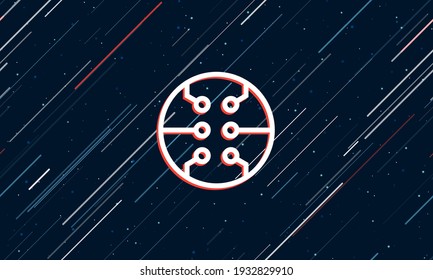Large white microcircuit symbol framed in red in the center. The effect of flying through the stars. Seamless vector illustration on a dark blue background with stars and slanted lines