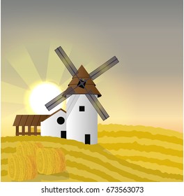 A large white mill with an annex for storing hay, haystacks in a wheat field. Dawn at harvest. Thanksgiving Day. Autumnal vector landscape can be used in newsletter, brochures, postcards, banner.