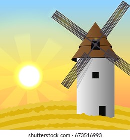 A large white mill on a wheat field in the sun. Dawn at the time of harvest. Thanksgiving Day. Autumnal vector landscape can be used in newsletter, brochures, postcards, banner.