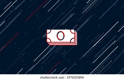 Large white money bundle symbol framed in red in the center. The effect of flying through the stars. Vector illustration on a dark blue background with stars and slanted lines