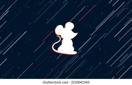 Large white mouse symbol framed in red in the center. The effect of flying through the stars. Vector illustration on a dark blue background with stars and slanted lines