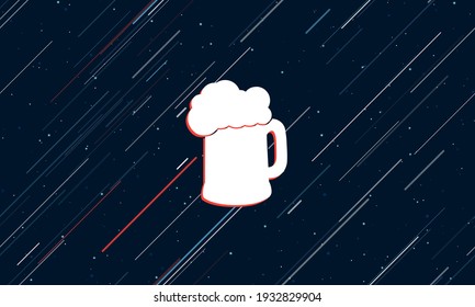 Large white mug beer symbol framed in red in the center. The effect of flying through the stars. Seamless vector illustration on a dark blue background with stars and slanted lines