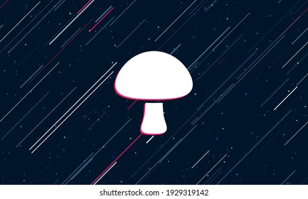 Large white mushroom symbol framed in red in the center. The effect of flying through the stars. Seamless vector illustration on a dark blue background with stars and slanted lines