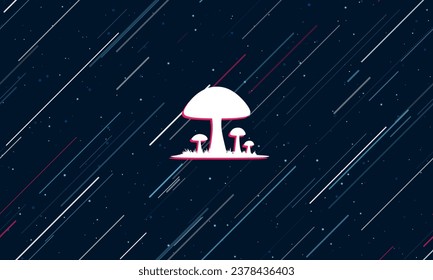 Large white mushrooms symbol framed in red in the center. The effect of flying through the stars. Vector illustration on a dark blue background with stars and slanted lines