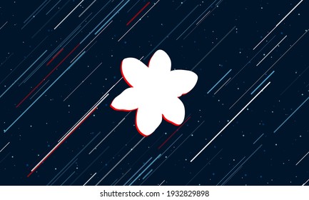 Large white narcissus flower framed in red in the center. The effect of flying through the stars. Seamless vector illustration on a dark blue background with stars and slanted lines